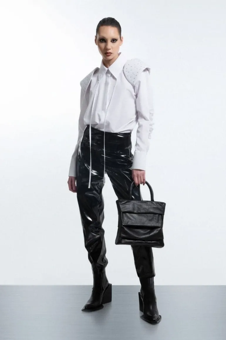 Pants<CULT MIA FAUX LEATHER CRUMPLED PANTS Black