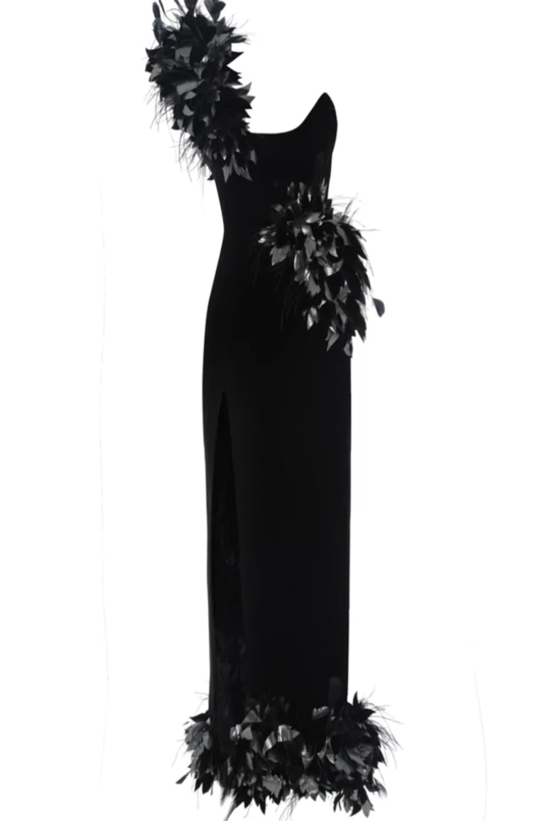 Dresses | Midi Dresses<CULT MIA FLOWER AND FEATHER DECORATED VELVET MIDI DRESS Black