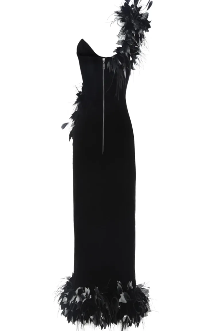 Dresses | Midi Dresses<CULT MIA FLOWER AND FEATHER DECORATED VELVET MIDI DRESS Black
