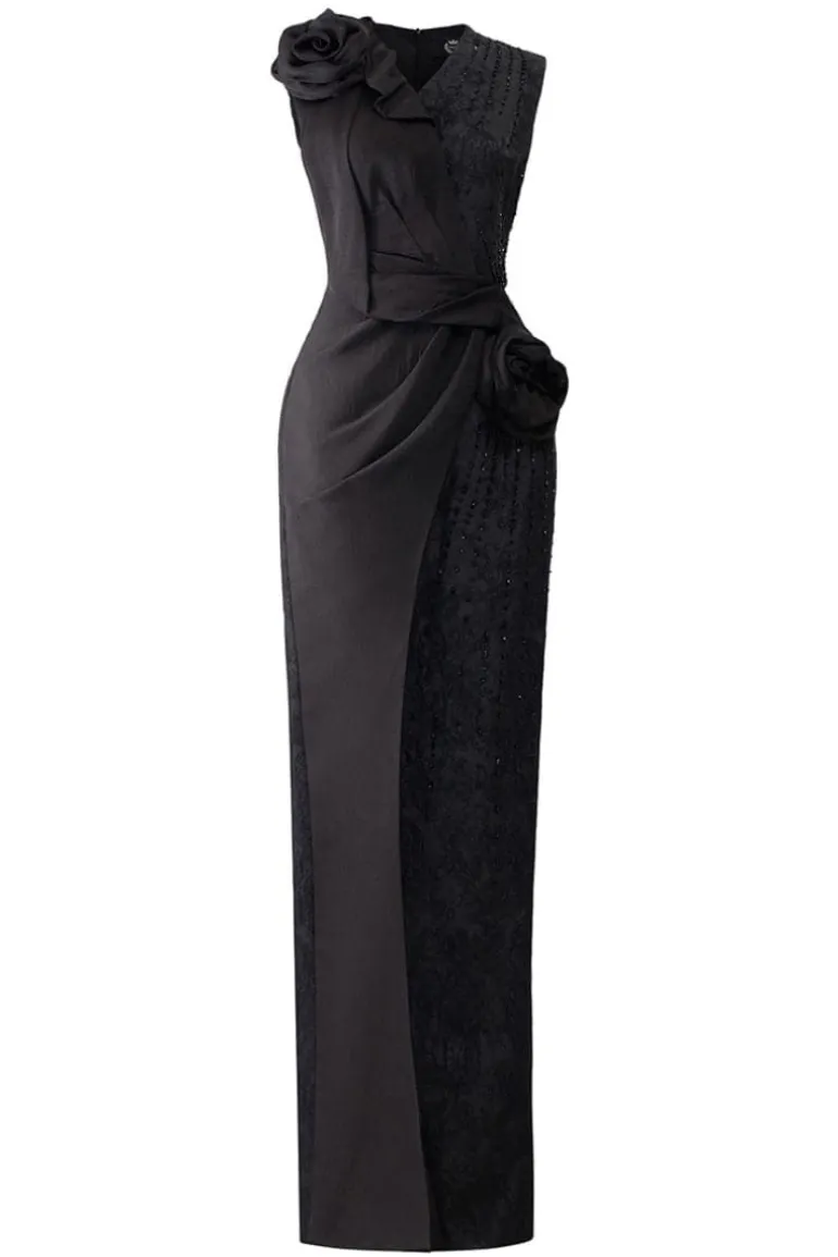 Dresses | Gowns<CULT MIA JACQUARD GOWN WITH DRAPED SATIN ROSES Black