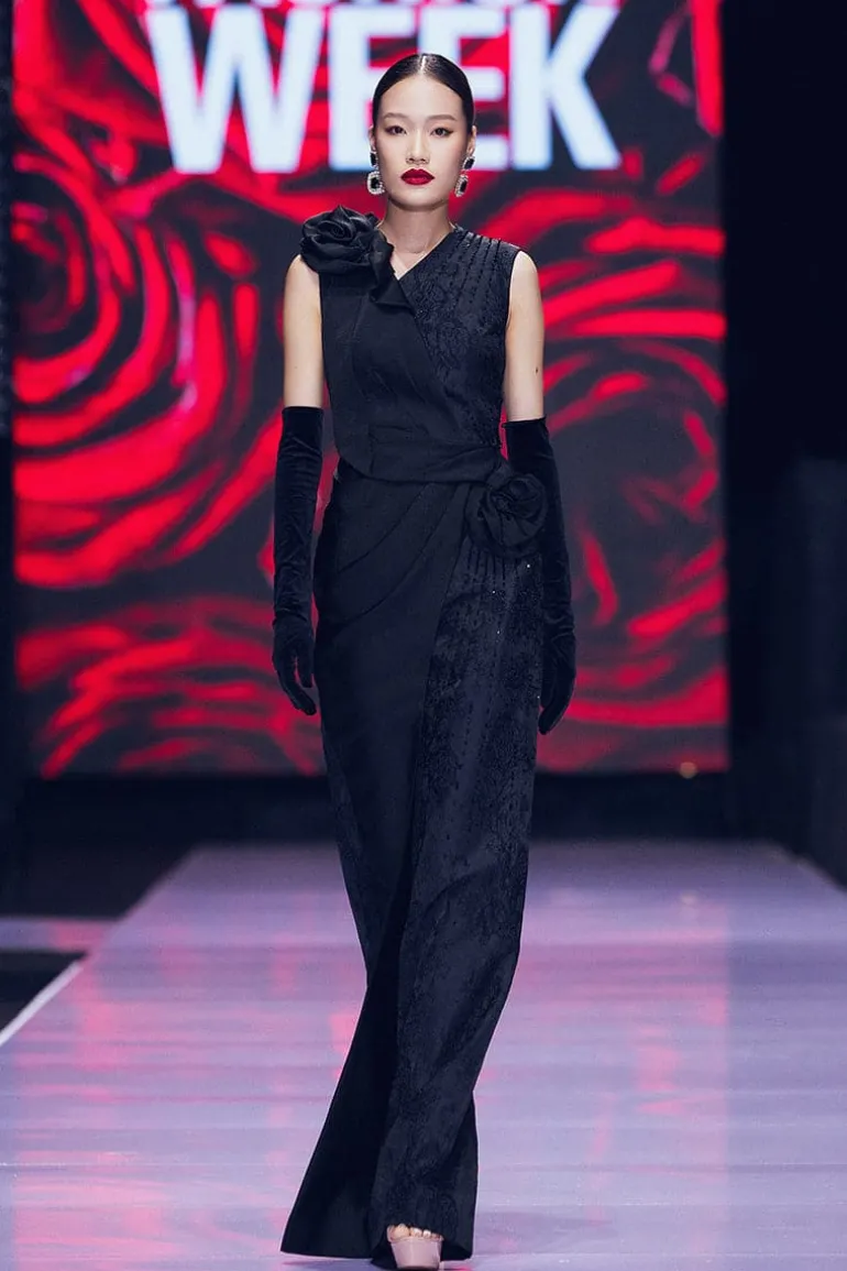 Dresses | Gowns<CULT MIA JACQUARD GOWN WITH DRAPED SATIN ROSES Black