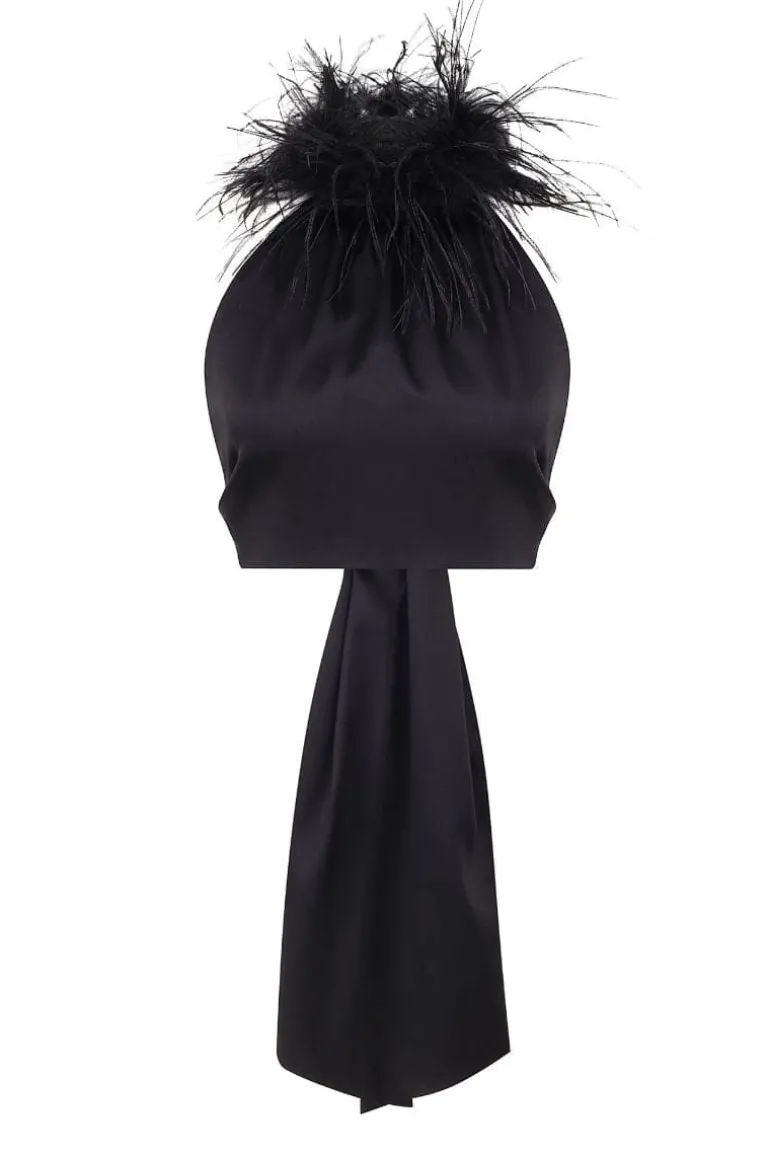 Tops<CULT MIA KAIA FEATHER HALTER TOP Black