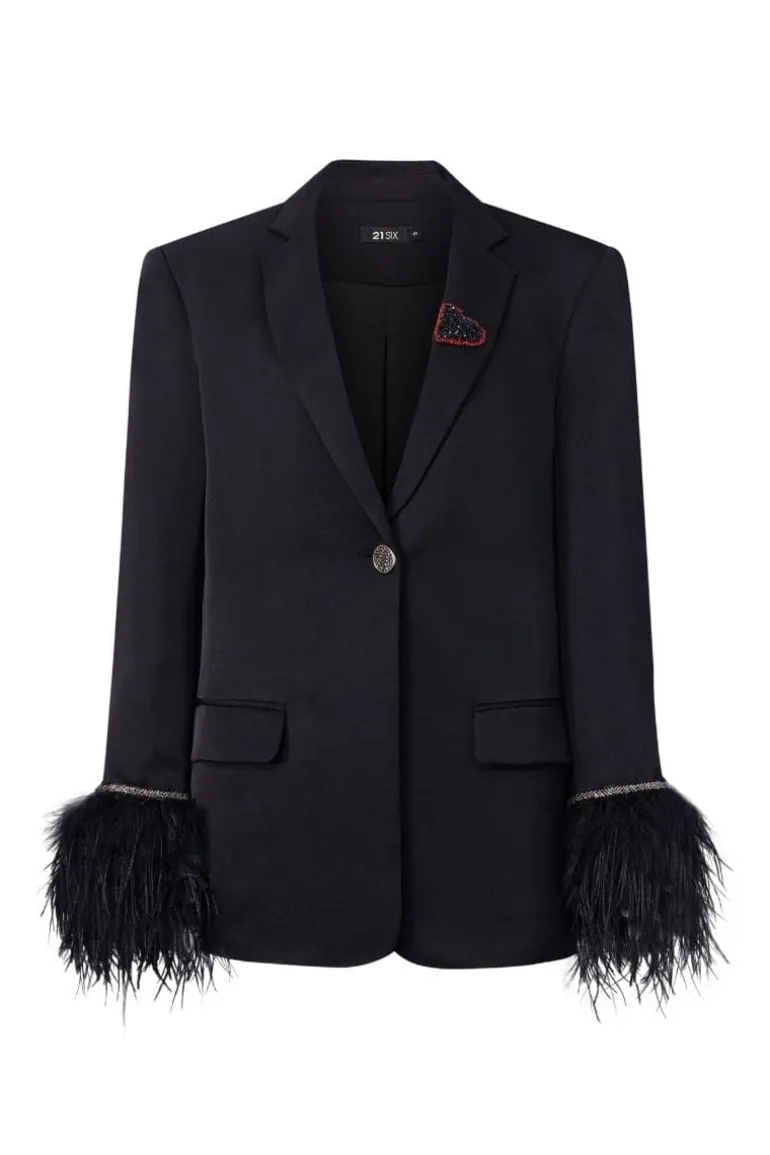 Jackets<CULT MIA KELLY TAFFETA FEATHER SUIT JACKET Black