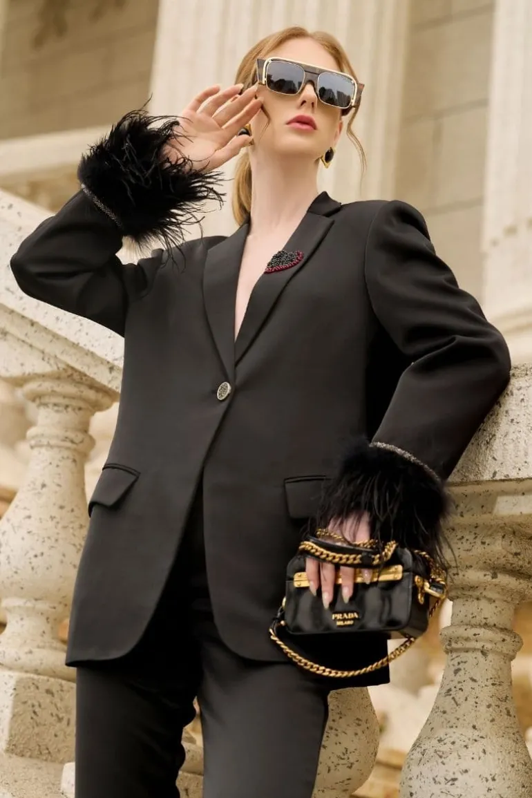 Jackets<CULT MIA KELLY TAFFETA FEATHER SUIT JACKET Black