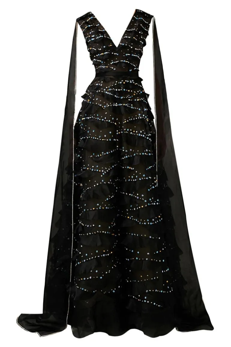 Dresses | Gowns<CULT MIA LAYERED FLOOR LENGTH GOWN WITH SCARF Black