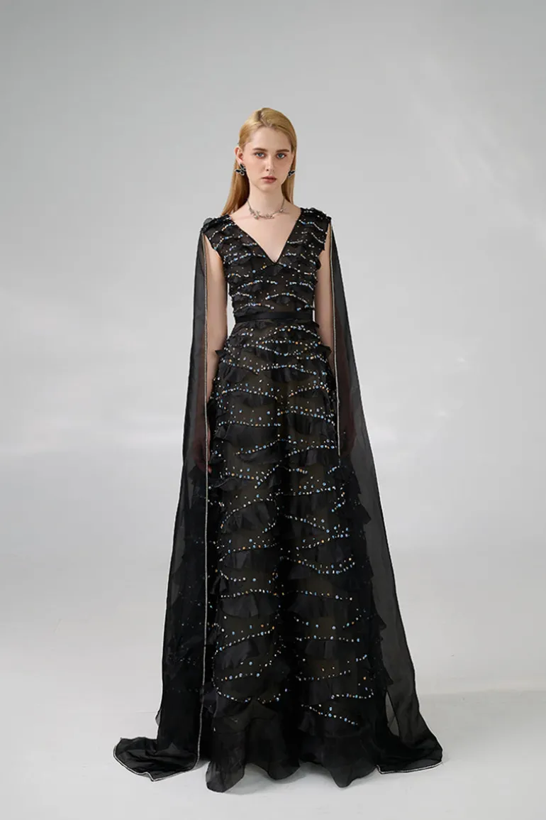 Dresses | Gowns<CULT MIA LAYERED FLOOR LENGTH GOWN WITH SCARF Black