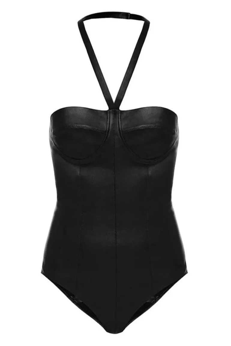 Tops<CULT MIA LEATHER HALTERNECK BODYSUIT Black