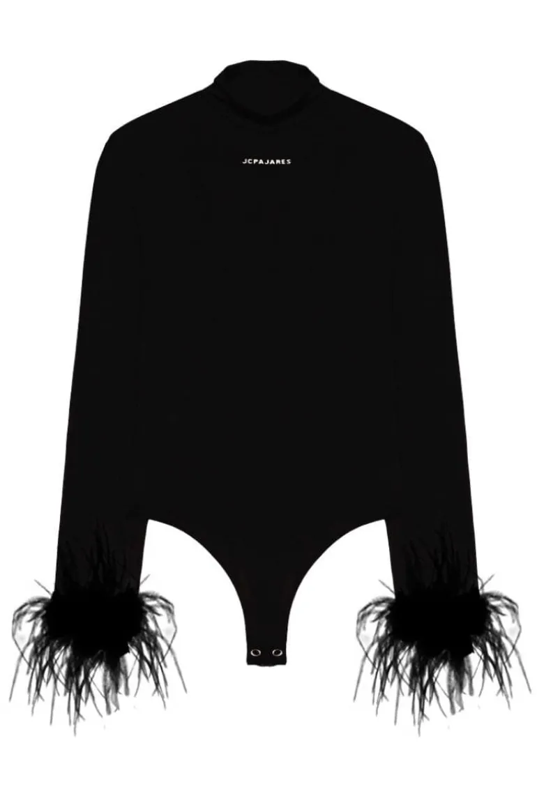 Tops<CULT MIA LONG SLEEVE FEATHER LOGO BODYSUIT Black