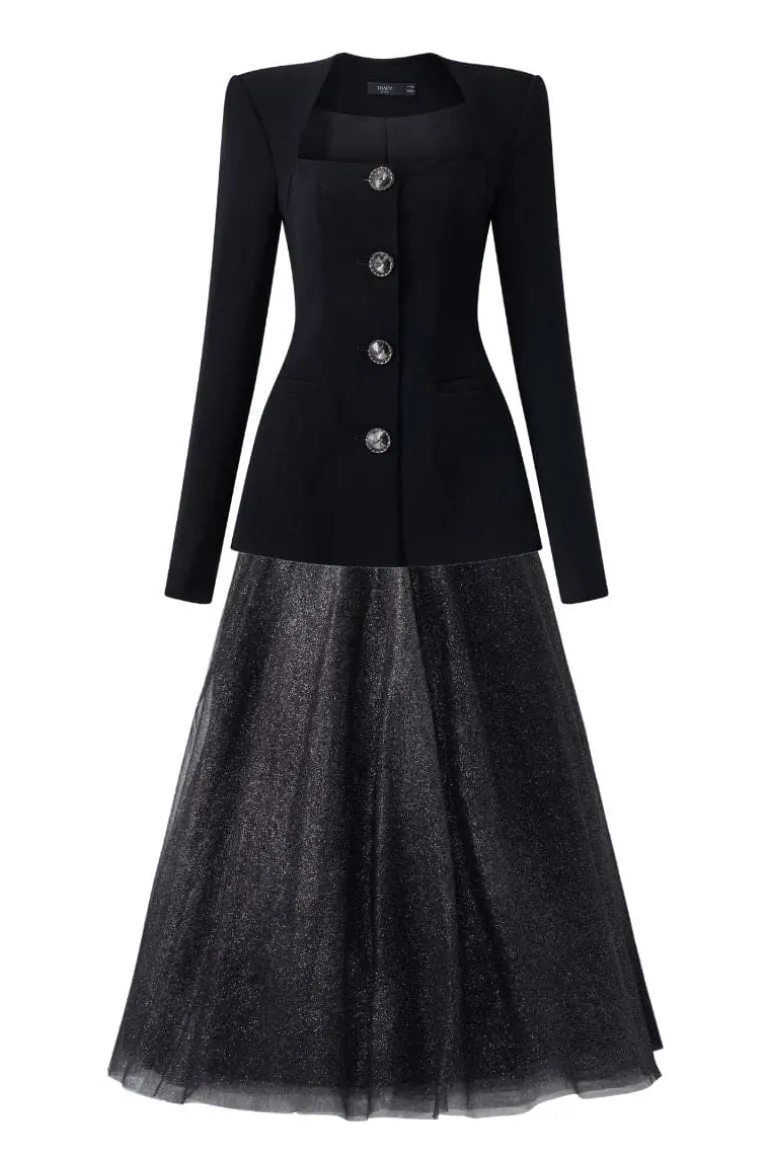 Outfit Sets<CULT MIA LONG SLEEVE TRAPEZOID NECKLINE BLAZER AND SKIRT SET Black