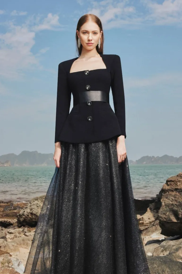 Outfit Sets<CULT MIA LONG SLEEVE TRAPEZOID NECKLINE BLAZER AND SKIRT SET Black