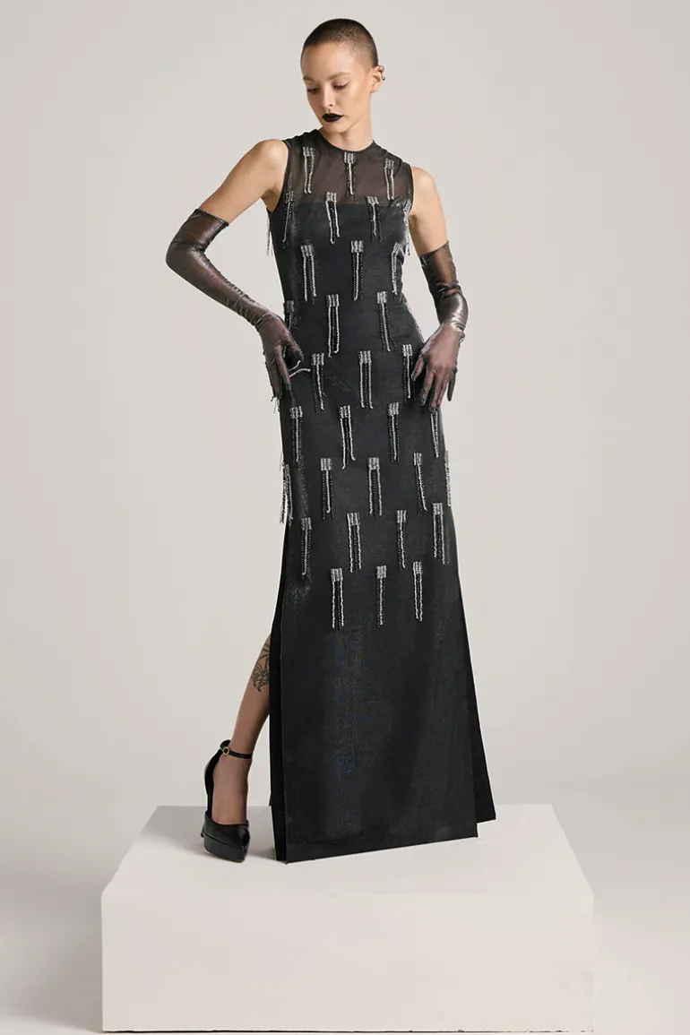 Dresses<CULT MIA BLACK LUREX-TULLE SEQUIN TASSEL MAXI DRESS Charcoal