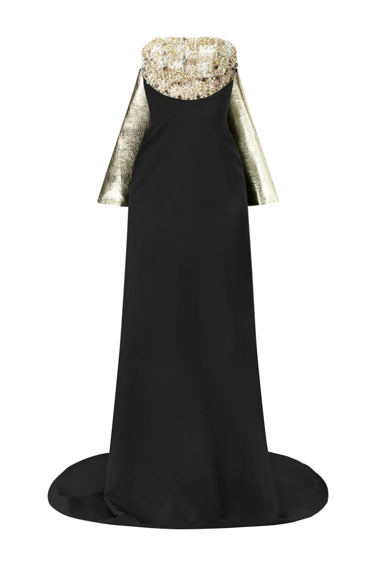 Dresses<CULT MIA BLACK MAXI DRESS WITH CRYSTAL EMBROIDERED AND GOLD DETACHABLE CAPE White and Black