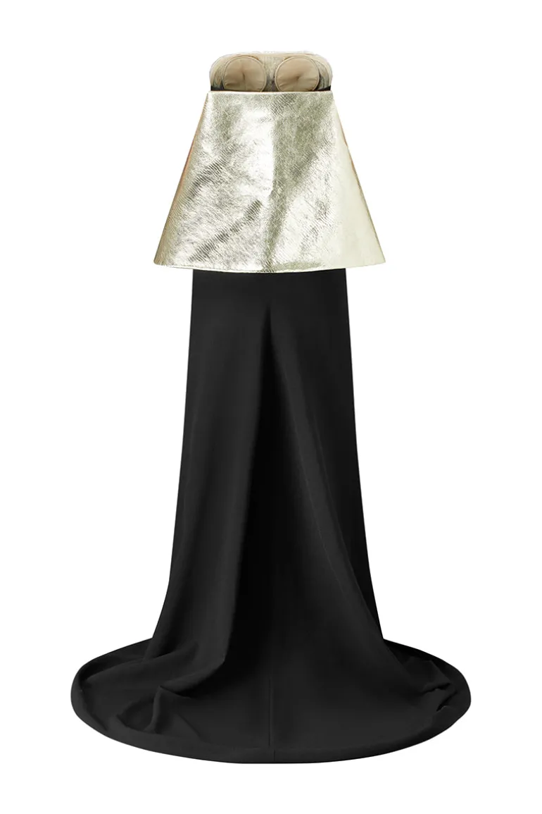 Dresses<CULT MIA BLACK MAXI DRESS WITH CRYSTAL EMBROIDERED AND GOLD DETACHABLE CAPE White and Black