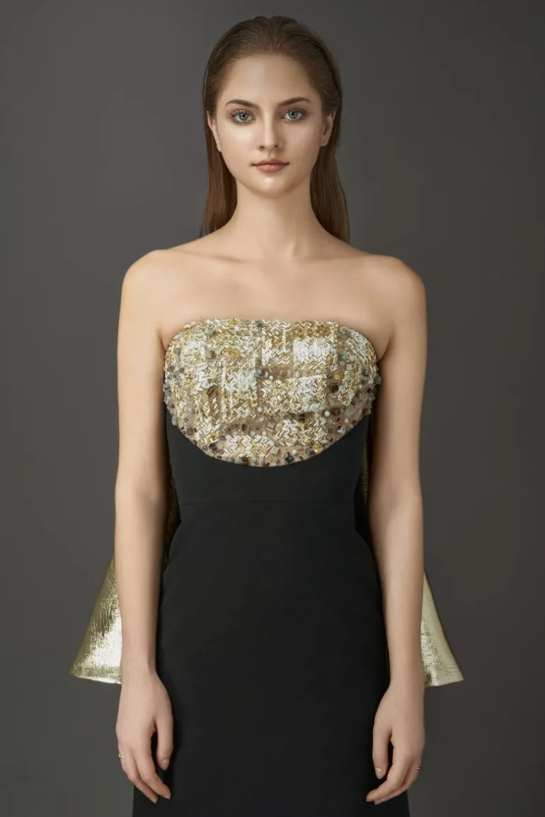 Dresses<CULT MIA BLACK MAXI DRESS WITH CRYSTAL EMBROIDERED AND GOLD DETACHABLE CAPE White and Black