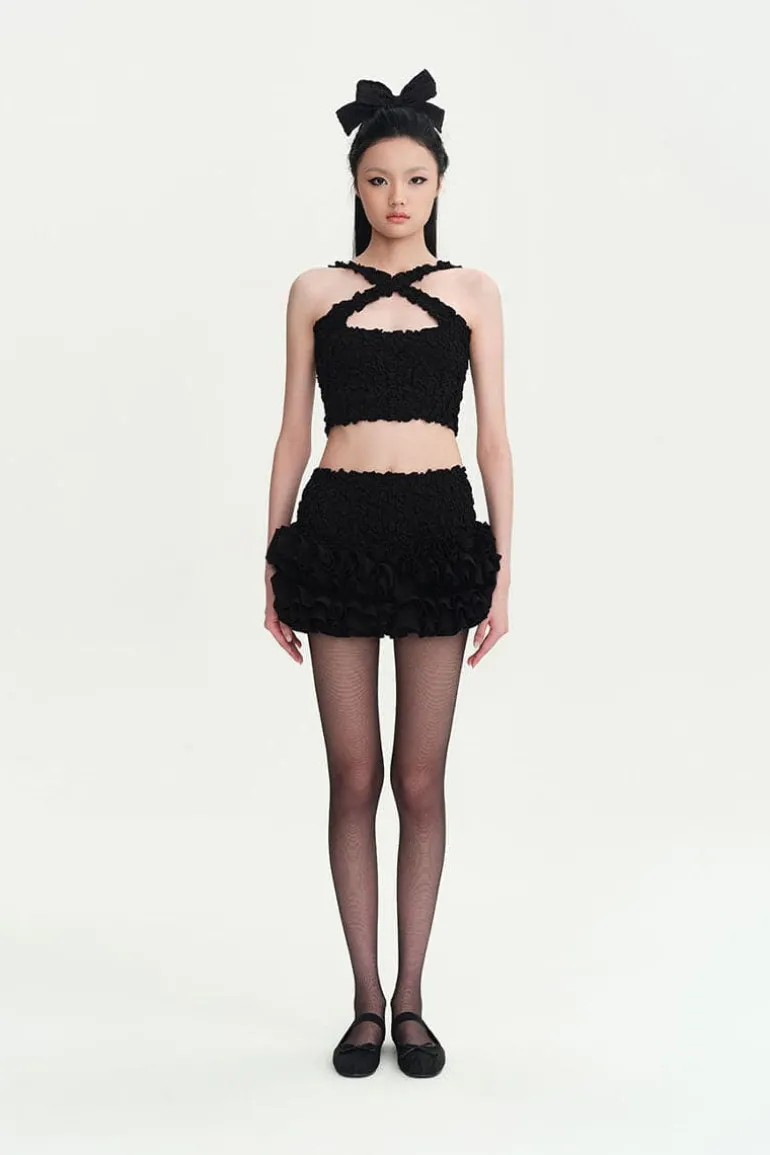 Tops<CULT MIA MIA SMOCKED CROP TOP Black