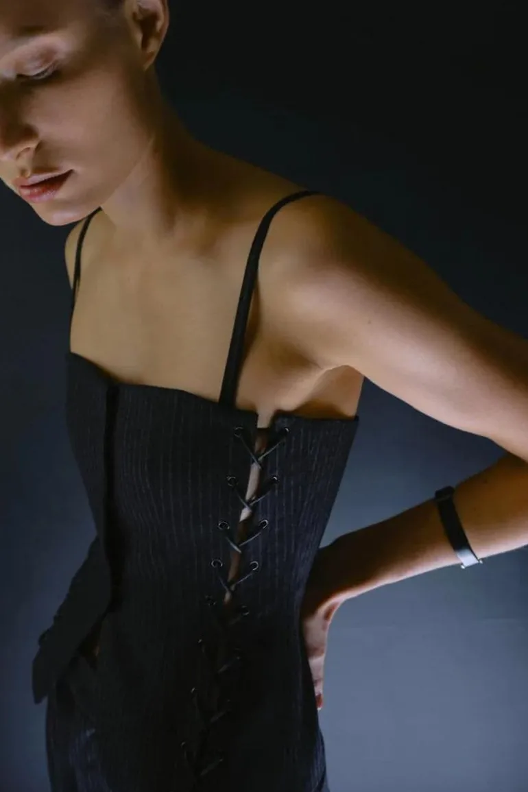 Tops<CULT MIA BLACK PINSTRIPE CORSET TOP Dark Gray
