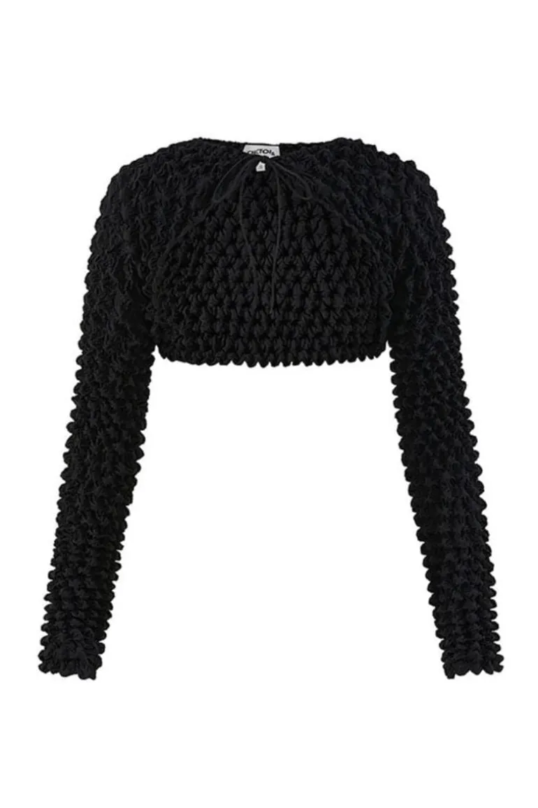 Tops<CULT MIA PIPER POPCORN PLEATS SLEEVES Black
