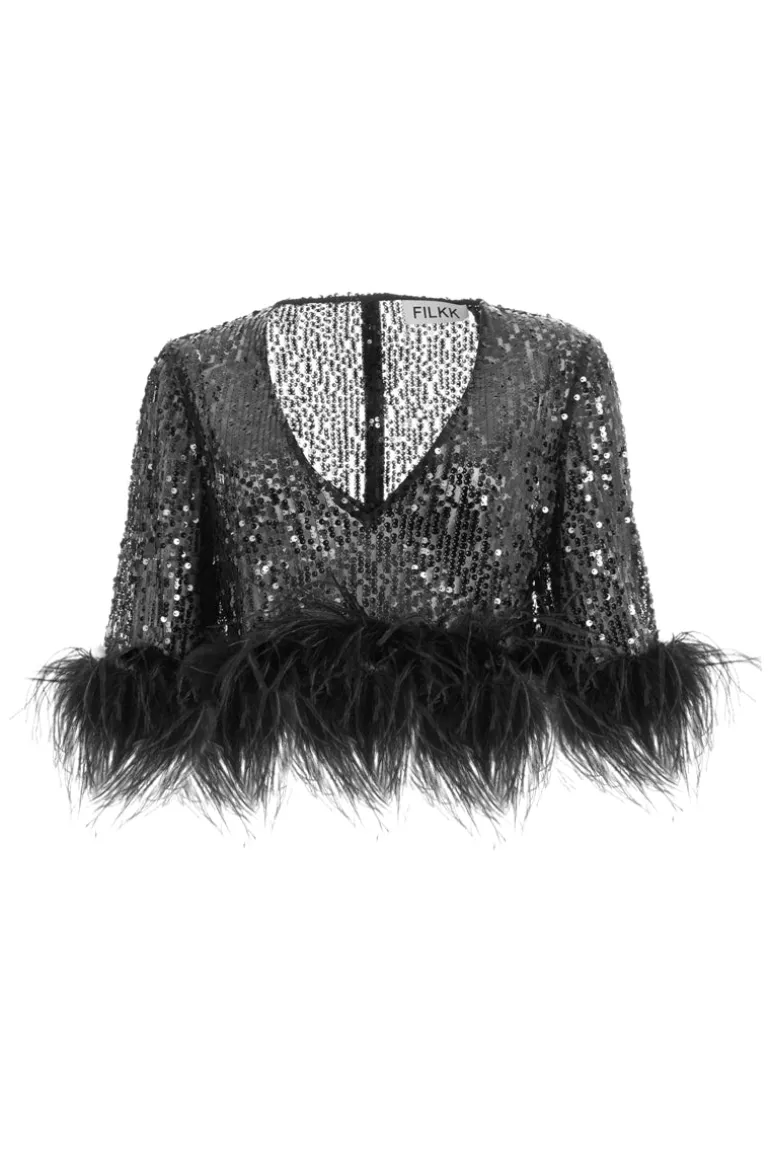 Tops<CULT MIA SEQUINED FEATHER TOP Black