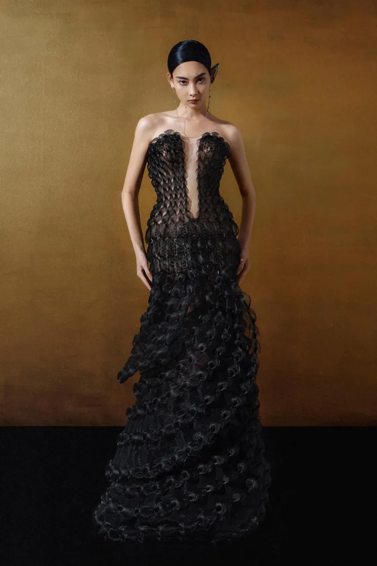 Dresses<CULT MIA BLACK SHEER TULLE DRESS WITH 3D DETAILS Midnight Black