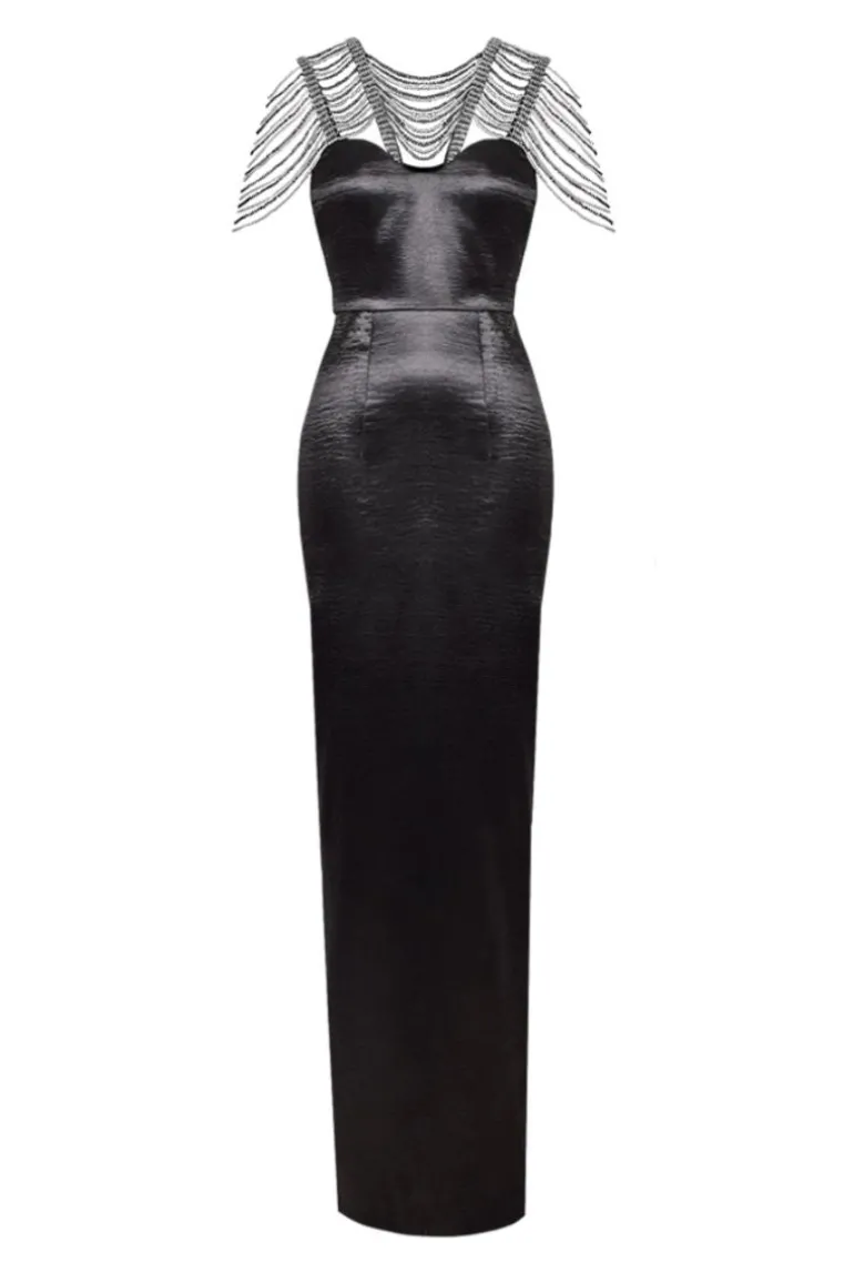 Dresses<CULT MIA TEXTURED SATIN SEQUIN PENCIL MAXI DRESS Black