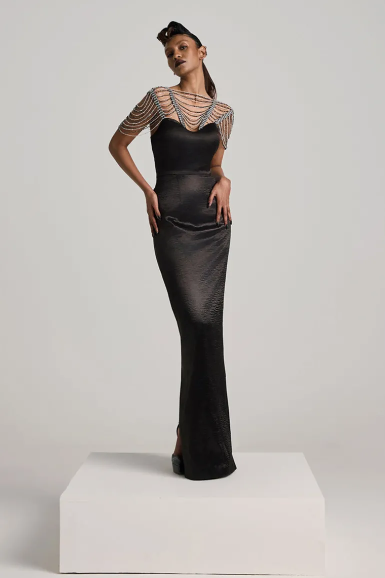 Dresses<CULT MIA TEXTURED SATIN SEQUIN PENCIL MAXI DRESS Black