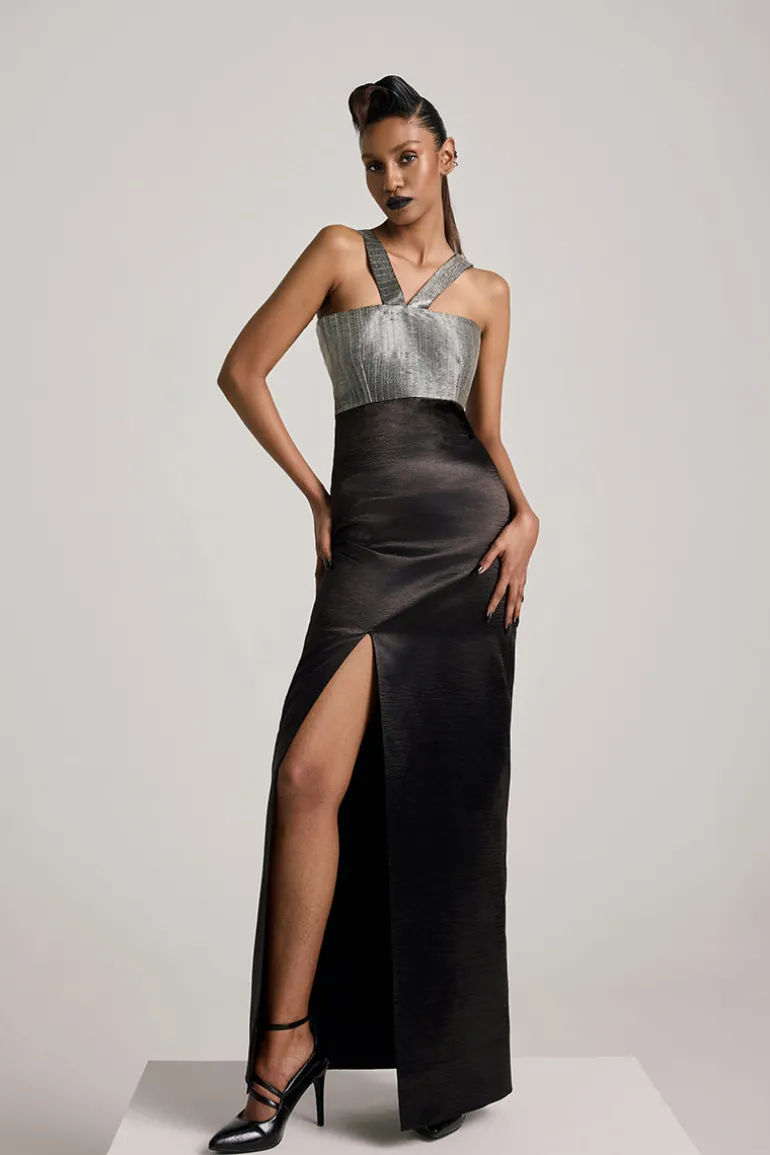Dresses<CULT MIA TEXTURED SATIN SLIT MAXI DRESS Black