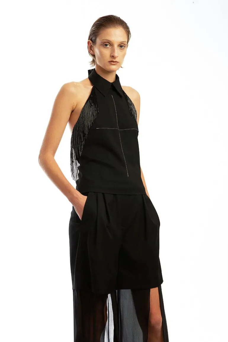Tops<CULT MIA TOP WITH BEADED FRINGE Black