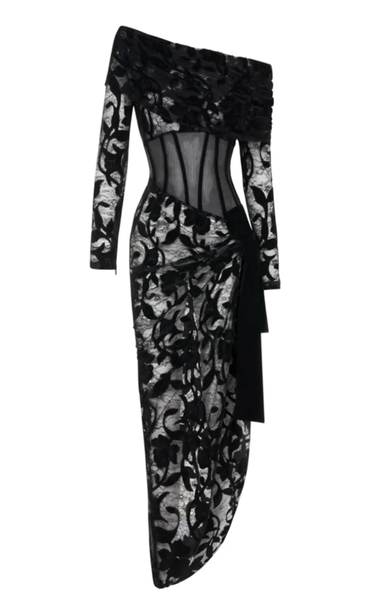 Dresses | Midi Dresses<CULT MIA VELVET BLEND OFF SHOULDER LACE MIDI DRESS Black