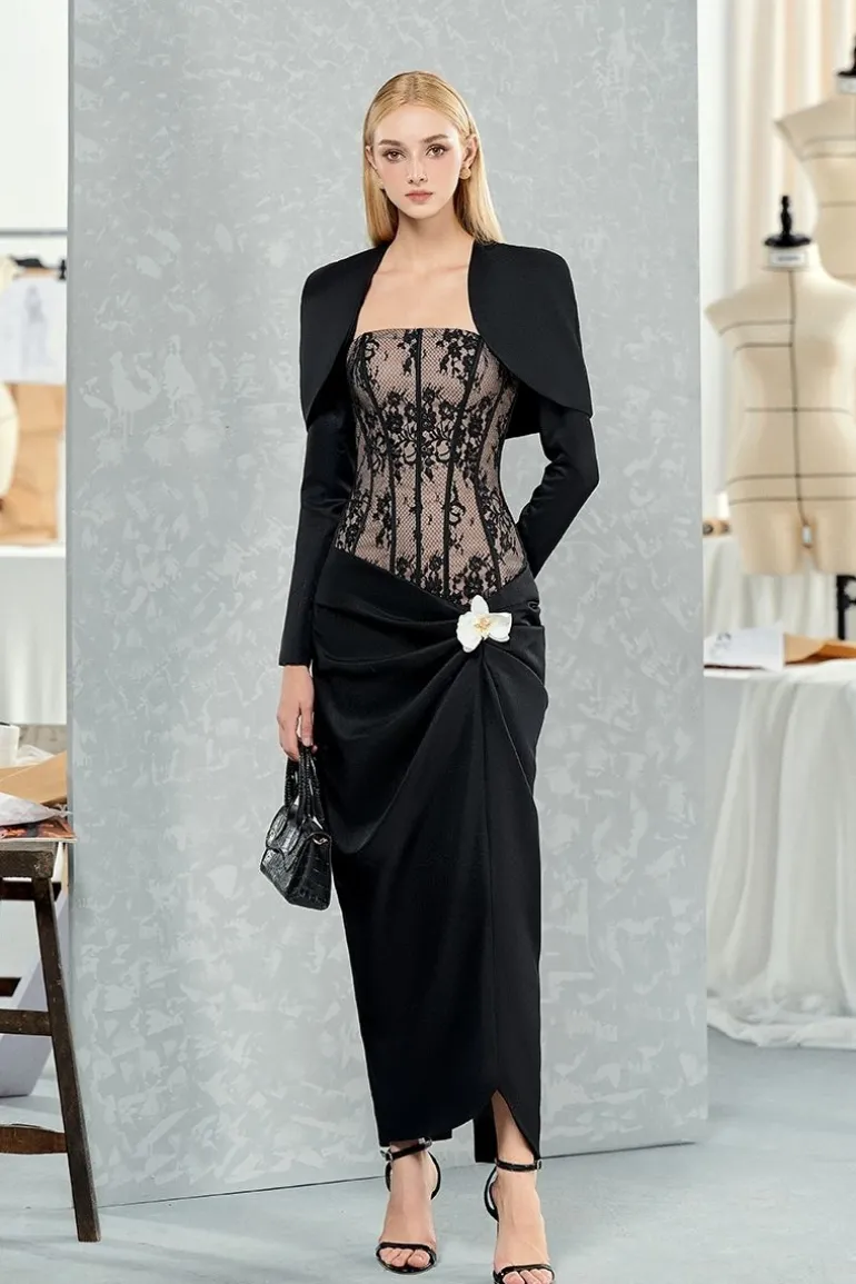 Dresses | Midi Dresses<CULT MIA WAIST-CINCHED ORCHID AND CORSET SHIRT MIDI DRESS Black