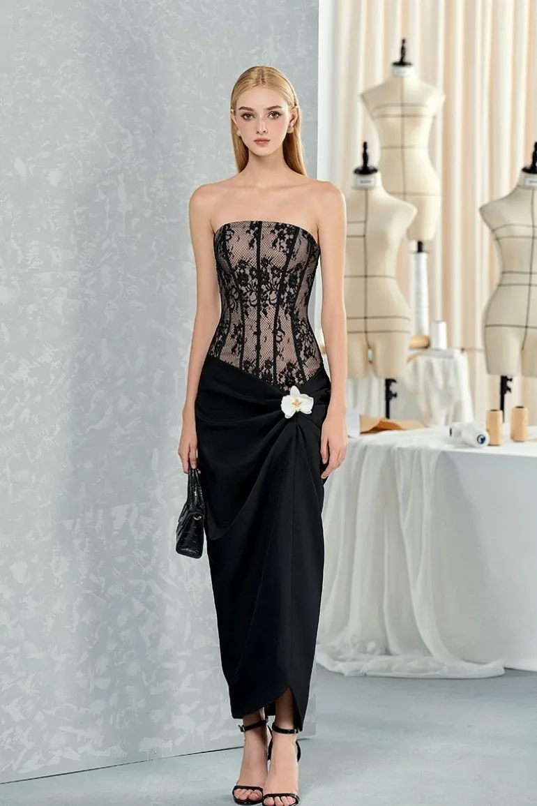 Dresses | Midi Dresses<CULT MIA WAIST-CINCHED ORCHID AND CORSET SHIRT MIDI DRESS Black