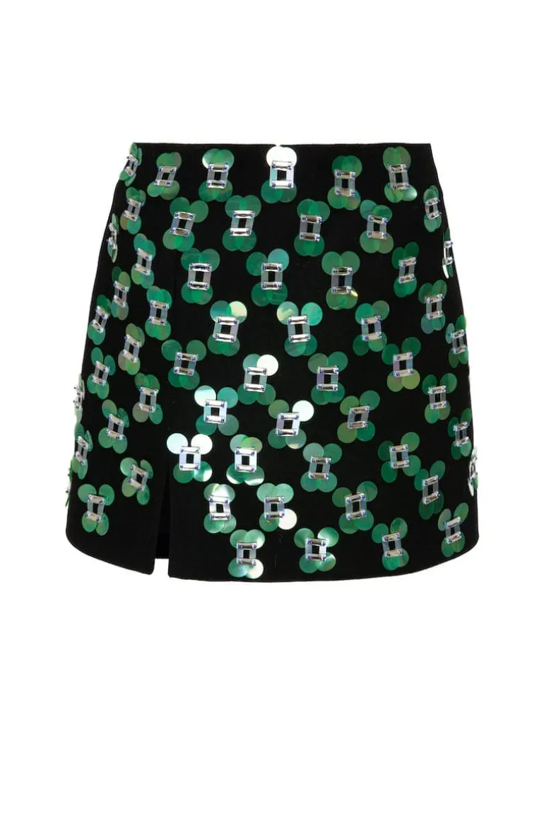 Skirts<CULT MIA BLACK WOOL MINI SKIRT WITH GREEN SEQUIN EMBELLISHMENT