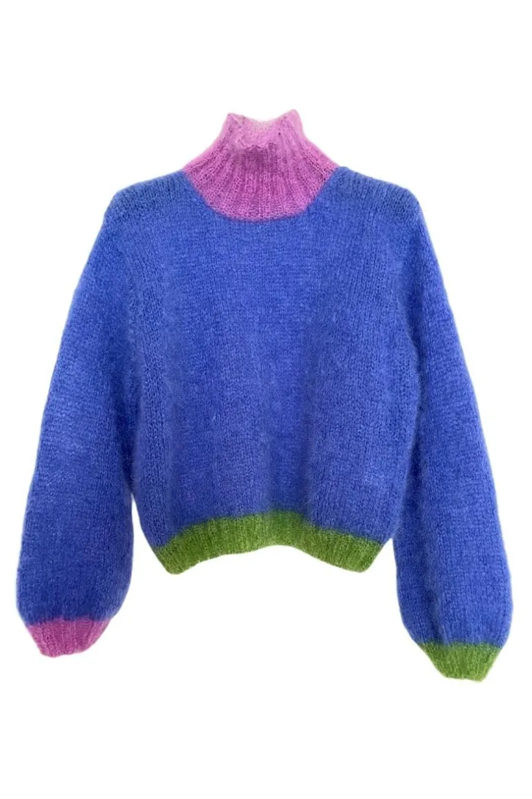 Knitwear<CULT MIA BLUE COLORBLOCK MOCK NECK MOHAIR SWEATER Bleu