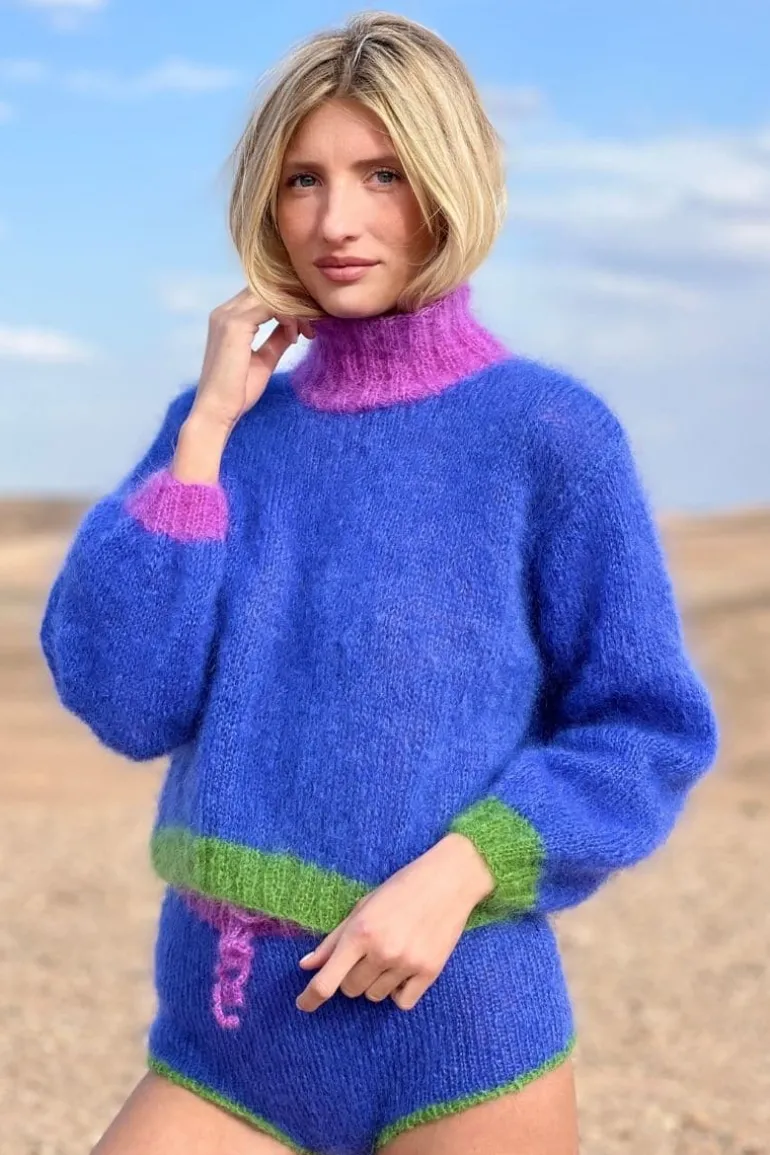 Knitwear<CULT MIA BLUE COLORBLOCK MOCK NECK MOHAIR SWEATER Bleu