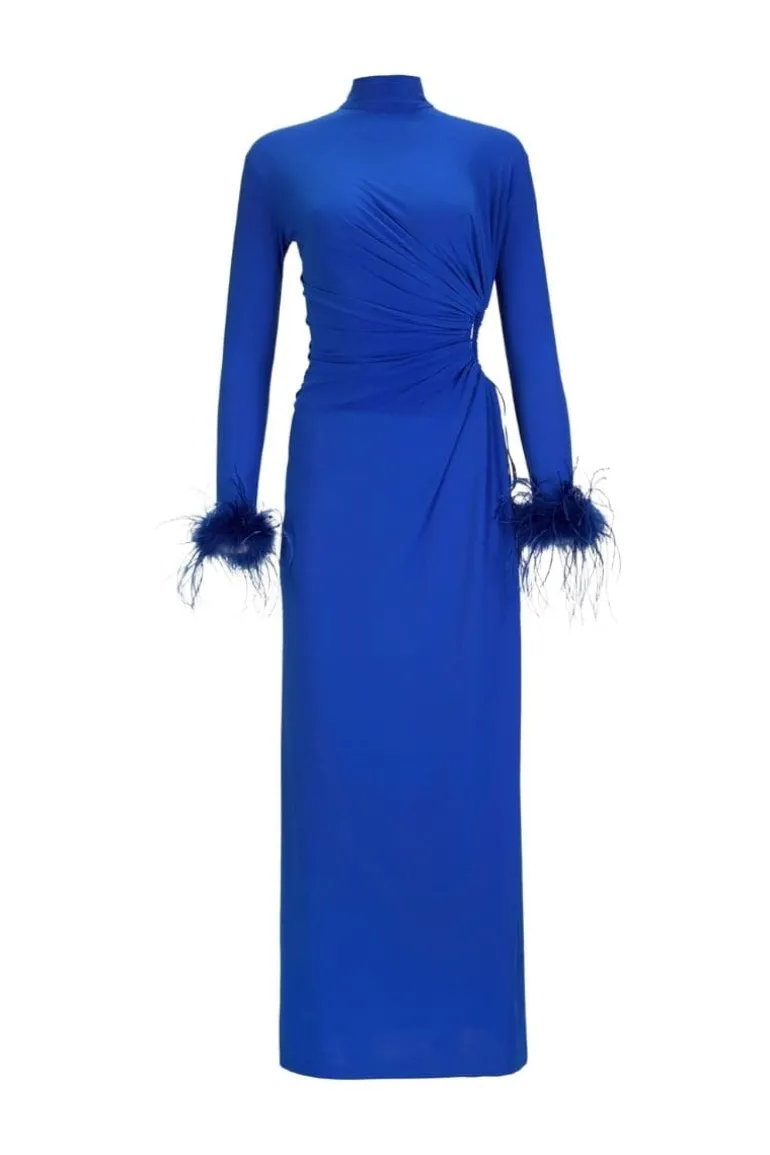 Dresses<CULT MIA CUT-OUT MAXI DRESS WITH GATHERING AND FEATHERS Blue
