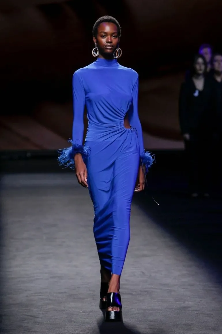Dresses<CULT MIA CUT-OUT MAXI DRESS WITH GATHERING AND FEATHERS Blue