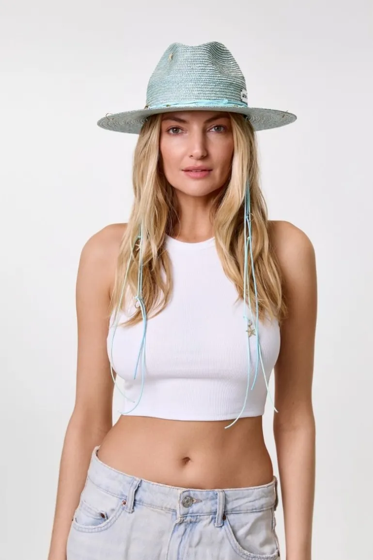 Hats<CULT MIA FEDORA WITH SHELLS AND 24K GOLD-PLATED ACCESSORIES Blue