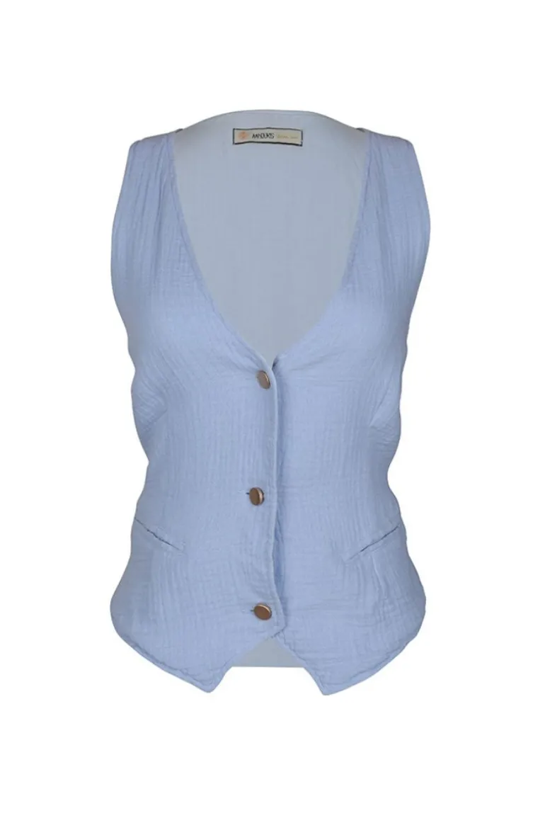 Tops<CULT MIA BLUE LINEN V-NECK GILET Baby Blue
