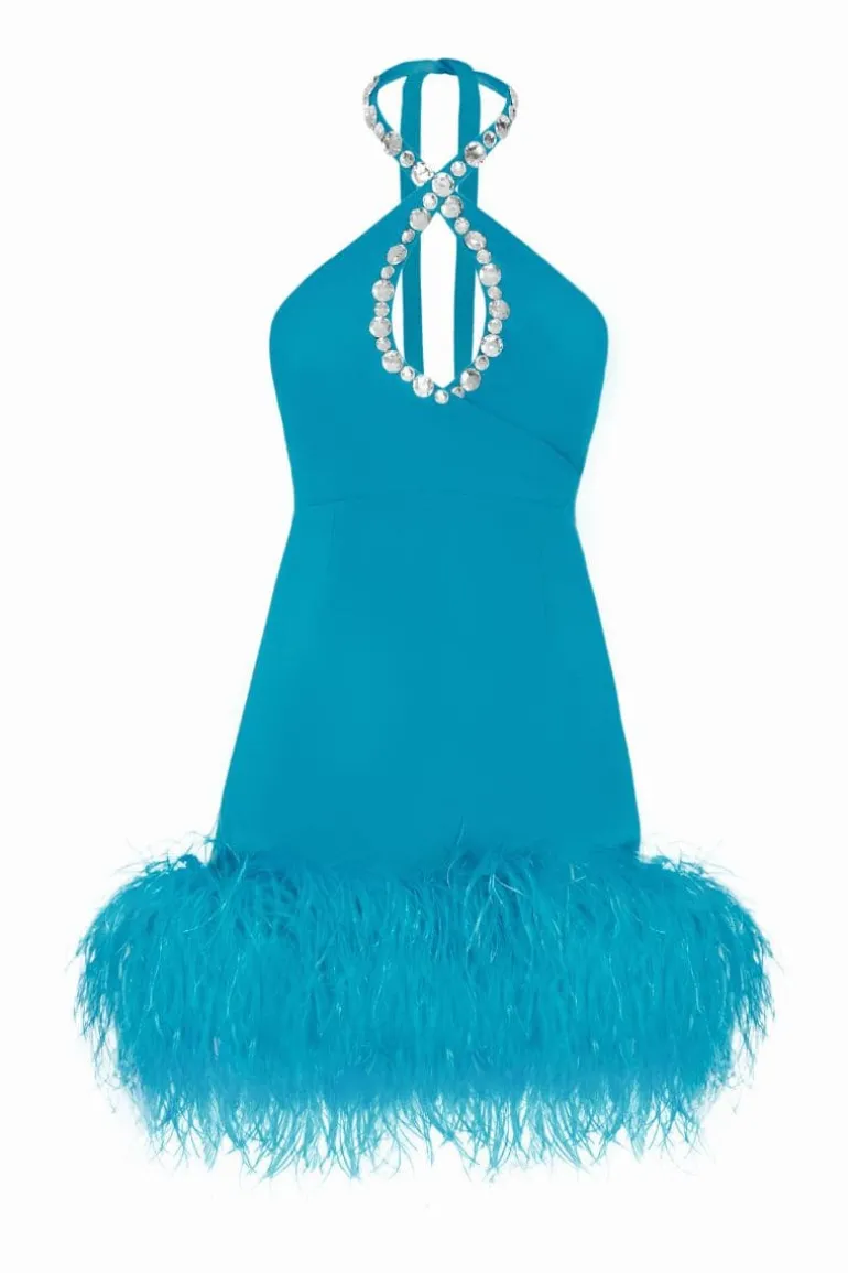 Dresses | Mini Dresses<CULT MIA MIA FEATHER-EMBELLISHED CREPE MINI DRESS Blue
