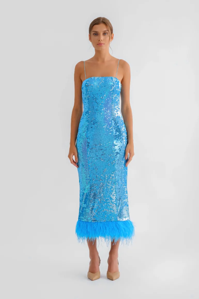 Dresses | Midi Dresses<CULT MIA SEQUINED MIDI DRESS WITH FEATHERS Blue