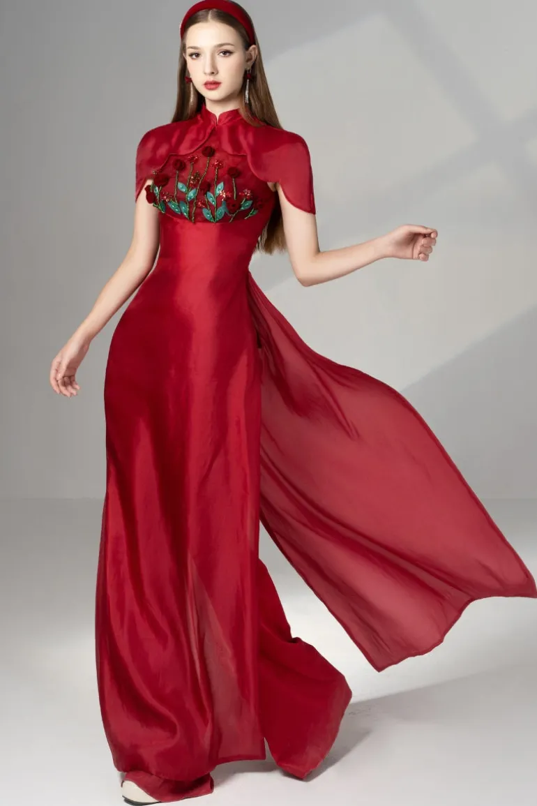Dresses | Gowns<CULT MIA BRIANNA SHEATH SILK ORGANZA MAXI AO DAI AND PANTS Red