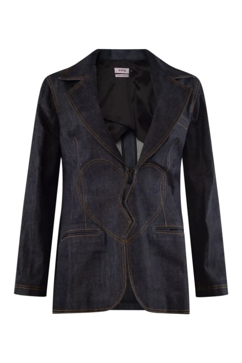 Blazers<CULT MIA BROKEN HEART DENIM & BROWN SEAM BLAZER Navy