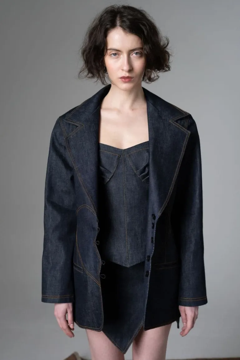 Blazers<CULT MIA BROKEN HEART DENIM & BROWN SEAM BLAZER Navy