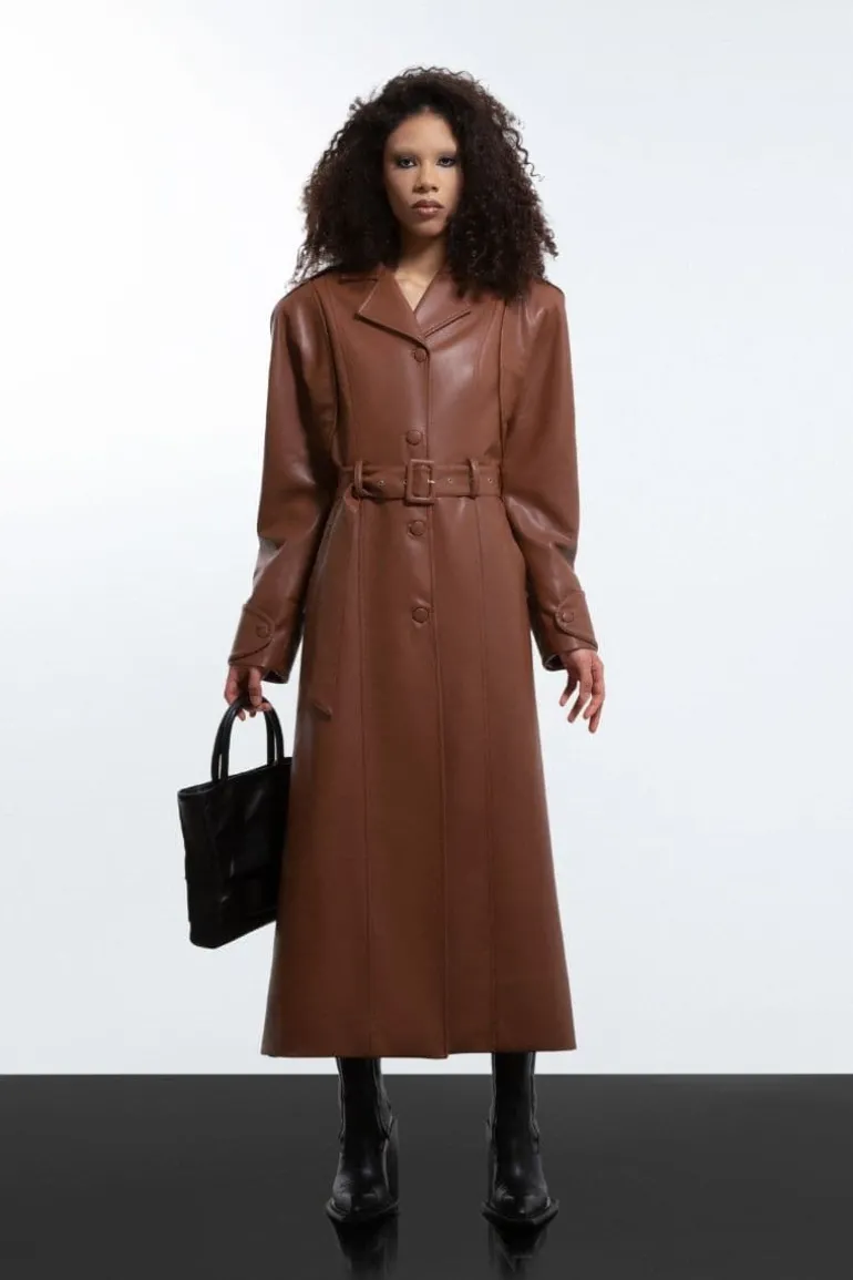 Coats<CULT MIA FAUX LEATHER LONG COAT Brown
