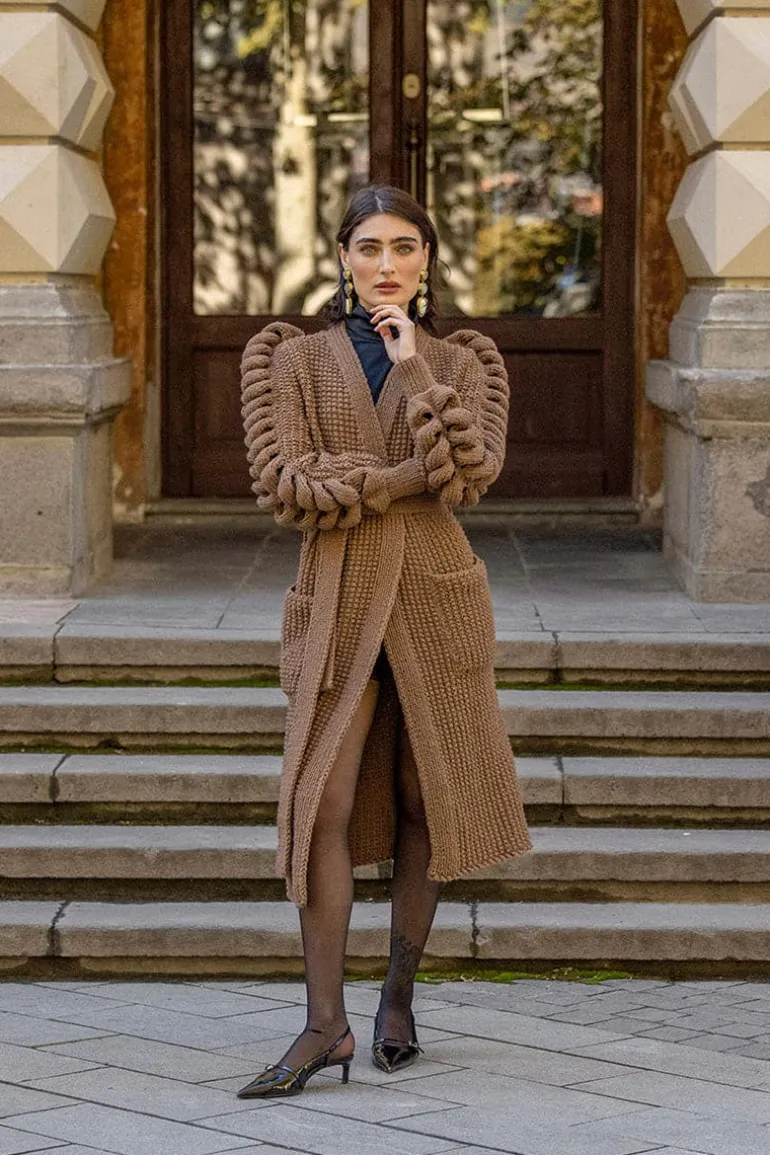 Coats<CULT MIA BROWN HAND KNITTED COAT Dark Brown