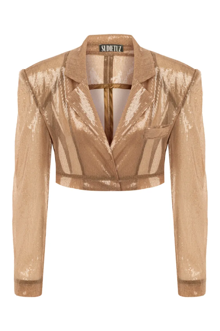Blazers<CULT MIA SEQUIN CROPPED BLAZER Brown