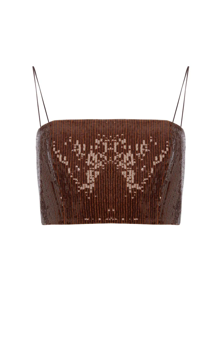 Tops<CULT MIA BROWN SEQUINED CROP TOP Dark Brown
