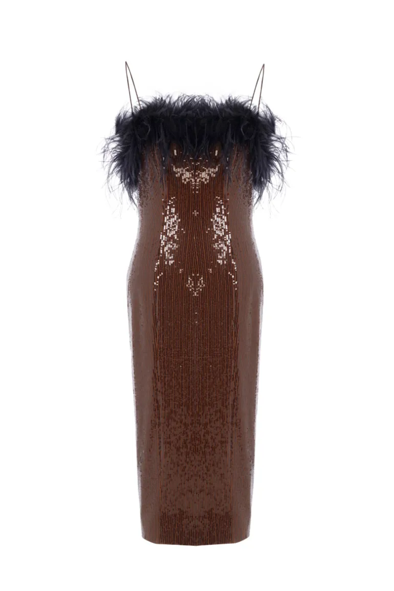 Dresses | Midi Dresses<CULT MIA BROWN SEQUINED FEATHER DRESS Dark Brown