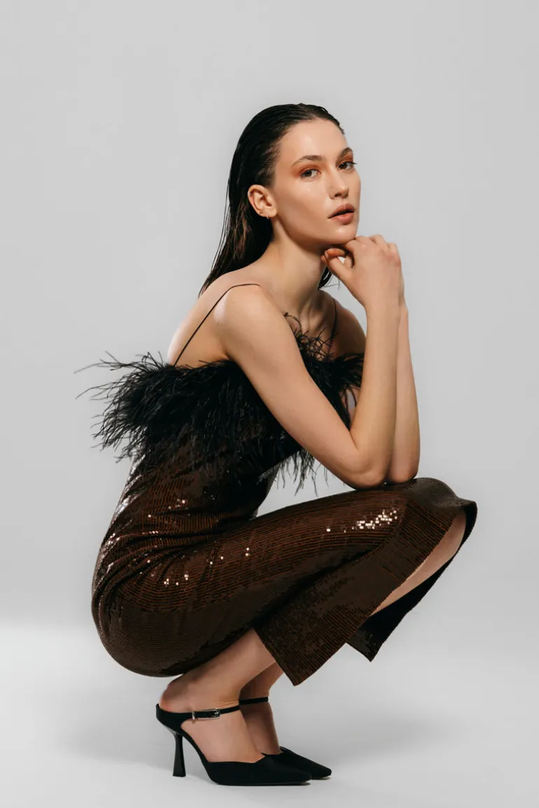 Dresses | Midi Dresses<CULT MIA BROWN SEQUINED FEATHER DRESS Dark Brown