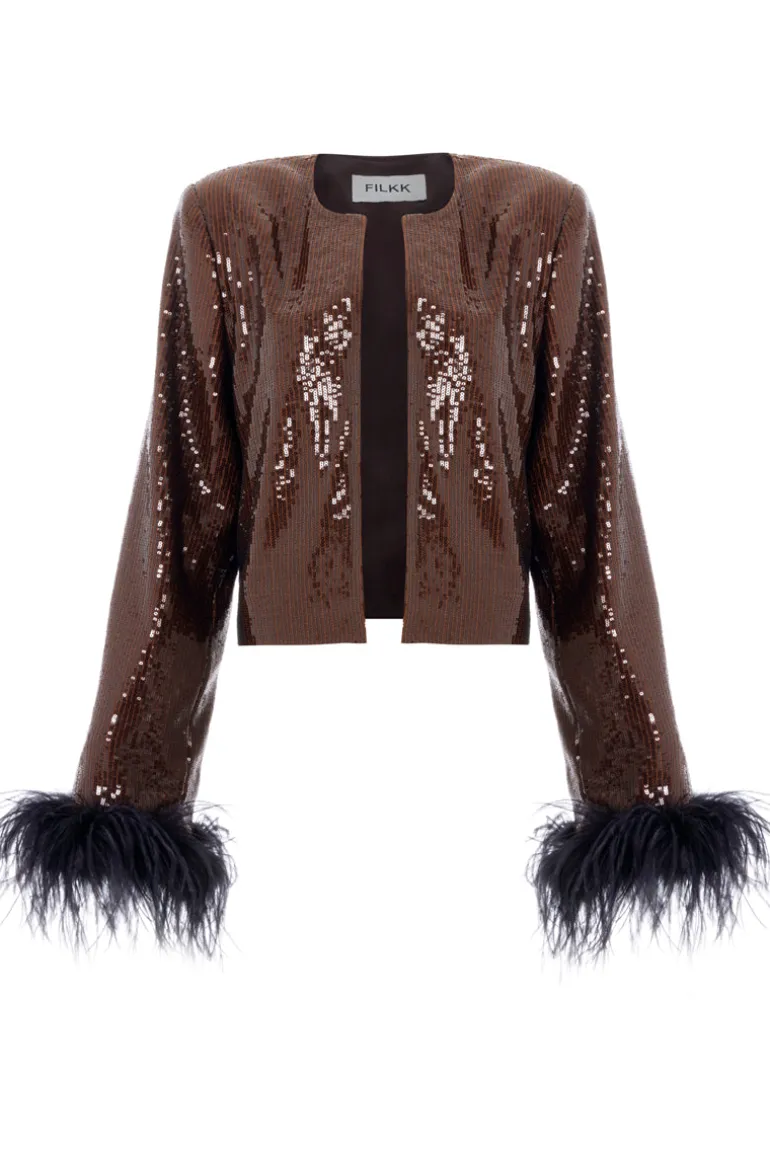 Blazers<CULT MIA BROWN SEQUINED FEATHER JACKET Dark Brown