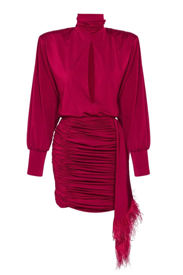 Dresses | Mini Dresses<CULT MIA RUCHED FEATHER-TRIMMED MINI DRESS Burgundy